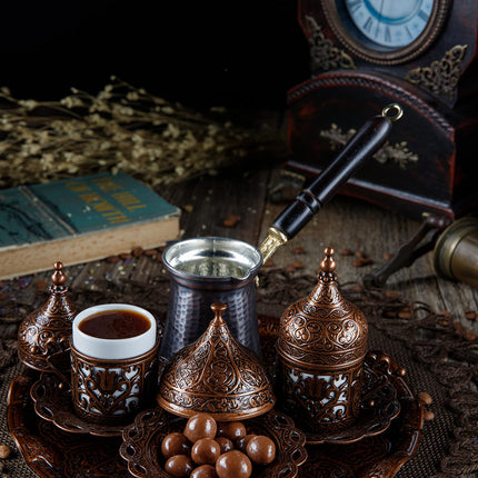 DEMMEX Turkish Greek Arabic Coffee Making and Serving Full Set with Cups, Saucers, Lids, Sugar Bowl, Tray and Antiqued Copper Coffee Pot, 12 Pcs (Chocolate)