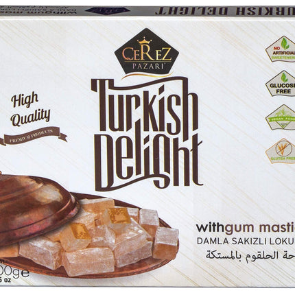 Cerez Pazari Turkish Delight with Fantastic Gum Mastic 7 oz Gourmet Small Size Snacks Gift Box | No Nuts Sweet Luxury Traditional Confectionery Vegan Soft Candy Dessert Glucose Free Turkish Delight (Loukoumi) Approx.18 Pcs