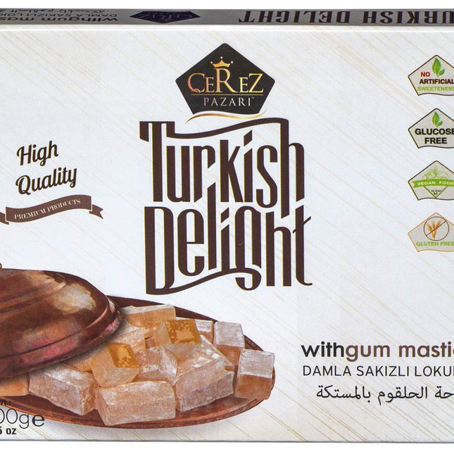 Cerez Pazari Turkish Delight with Fantastic Gum Mastic 7 oz Gourmet Small Size Snacks Gift Box | No Nuts Sweet Luxury Traditional Confectionery Vegan Soft Candy Dessert Glucose Free Turkish Delight (Loukoumi) Approx.18 Pcs