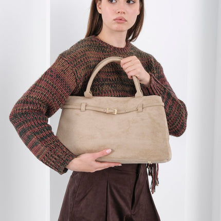 Base'ic Beige Suede Tote Bag - Vegan Beige Suede Purses for Women with Gold Hardware, Adjustable Belt, Magnetic Closure - Elegant Shoulder Bag Hobo Bag - Stylish Suede Purse - Work Bag, City Bag
