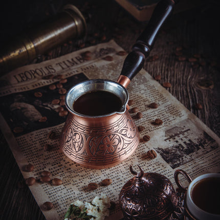 DEMMEX Thickest Copper Turkish Greek Arabic Coffee Pot, Stovetop Coffee Maker, Cezve Ibrik Briki with Wooden Handle &amp; Wooden Spoon, Hand Engraved (Matte Copper, 15 fl Oz)