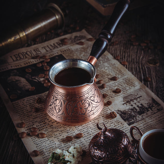 DEMMEX Thickest Copper Turkish Greek Arabic Coffee Pot, Stovetop Coffee Maker, Cezve Ibrik Briki with Wooden Handle &amp; Wooden Spoon, Hand Engraved (Matte Copper, 15 fl Oz)