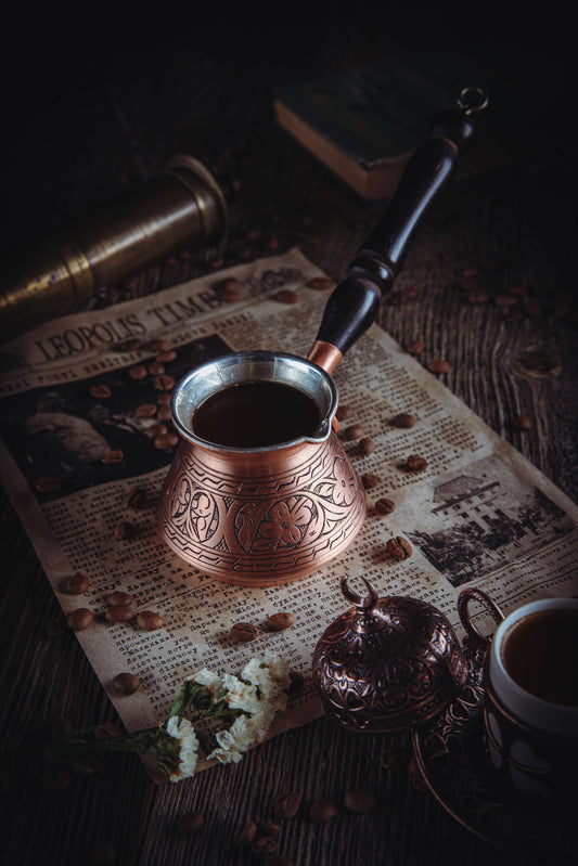 DEMMEX Thickest Copper Turkish Greek Arabic Coffee Pot, Stovetop Coffee Maker, Cezve Ibrik Briki with Wooden Handle & Wooden Spoon, Hand Engraved (Matte Copper, 15 fl Oz)