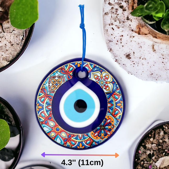 Erbulus 4.3" Glass Blue Evil Eye Wall Hanging Colorful Patterned Ornament - Evil Eye Decor - Turkish Handmade Nazar Amulet - Home Protection Charm - Evil Eye Wall Decor in a Box