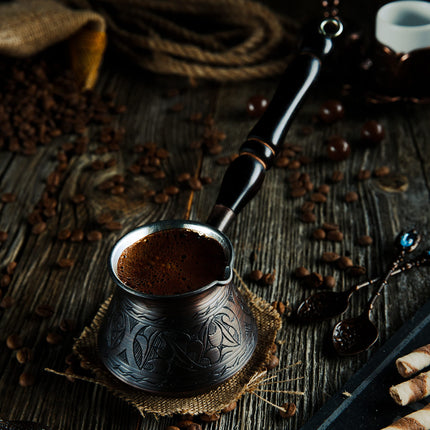 DEMMEX Thickest Engraved Solid Copper Turkish Coffee Pot – Stovetop Greek, Arabic Coffee Maker, Cezve, Ibrik, Briki – Wooden Handle &amp; Spoon - Handmade in Turkey (Antique Copper, 9 fl Oz (3ppl))