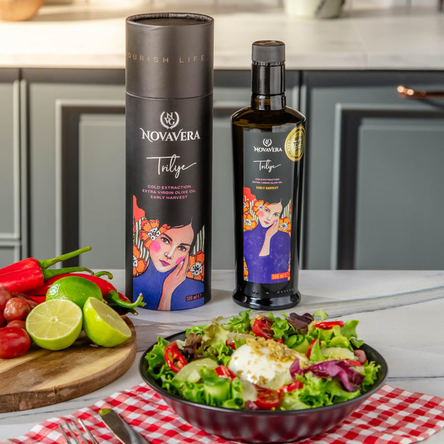 NVG NOVAVERA Trilye Polyphenol Rich Olive Oil, Medium, Pungency and Fruitiness With a Peppery Finish Extra Virgin Olive Oil, Evoo World Ranking Top 5, Low Acidity, Organic Agriculture, Early Harvest, Cold Pressed, 16.9 oz