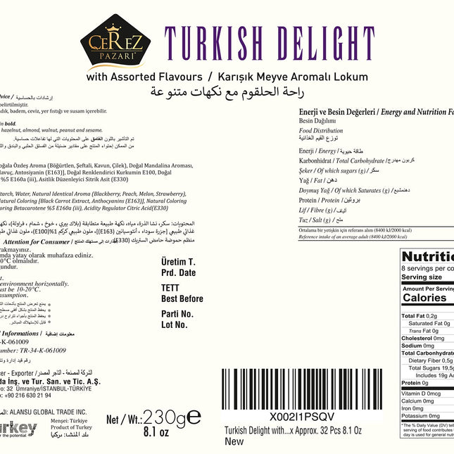 Cerez Pazari Turkish Delights Candy With Assorted Mix Flavors, Vegan Fruit Snacks Gift Box, Sweet Luxury Traditional Confectionery Turkish Delight, Loukoumi With No Nuts, 8.1 oz.