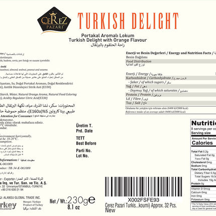 Cerez Pazari Turkish Delight Orange Flavor, Gourmet Small Size Snacks Gift Box, Sweet Traditional Confectionery, Vegan Soft Candy Dessert Loukoumi, Nut &amp; Glucose-Free Turkish Delight, Approx. 40Pcs, 8.1oz.
