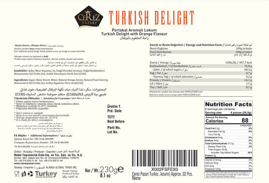 Cerez Pazari Turkish Delight Orange Flavor, Gourmet Small Size Snacks Gift Box, Sweet Traditional Confectionery, Vegan Soft Candy Dessert Loukoumi, Nut & Glucose-Free Lokum, Approx. 40 Pcs, 8.1 oz.