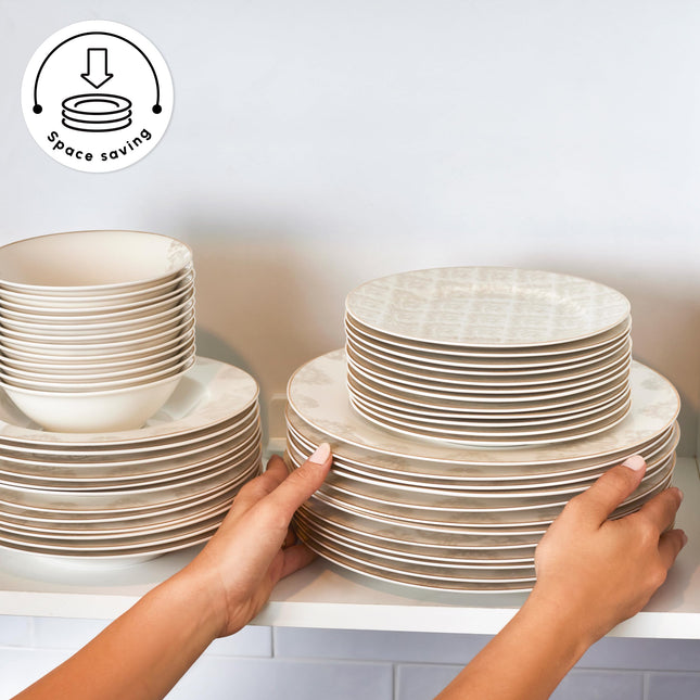 Karaca Siena Porcelain Plates and Bowls Set with Dinner &amp; Dessert Plates, Salt &amp; Pepper Shakers - Bone China Dishware Sets - Kitchen Dinnerware Set for 12 People (53-Piece, White Dish Set)