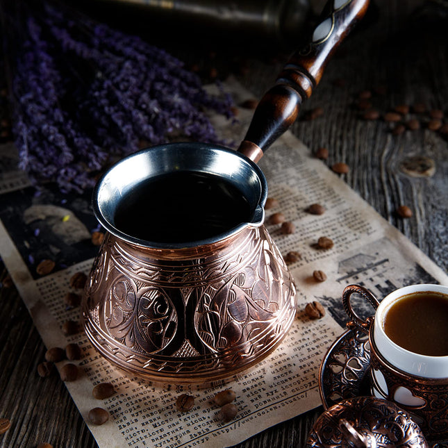 DEMMEX Thickest Copper Turkish Greek Arabic Coffee Pot, Stovetop Coffee Maker, Cezve Ibrik Briki with Wooden Handle &amp; Wooden Spoon, Hand Engraved (Copper, 15 fl Oz)