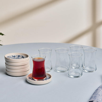 KARACA Mavili Turkish Tea Cups Set - 12 Piece Turkish Tea Glasses and Stoneware Saucers - Authentic Glass Drinking Sets for 6 People - Ideal Adult Teacup Set (170 ml)