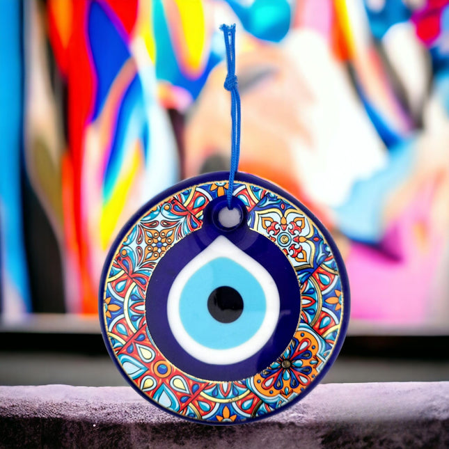 Erbulus 4.3" Glass Blue Evil Eye Wall Hanging Colorful Patterned Ornament - Evil Eye Decor - Turkish Handmade Nazar Amulet - Home Protection Charm - Evil Eye Wall Decor in a Box