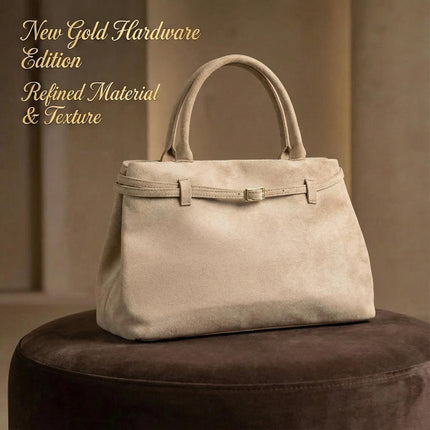 Base'ic Beige Suede Tote Bag - Vegan Beige Suede Purses for Women with Gold Hardware, Adjustable Belt, Magnetic Closure - Elegant Shoulder Bag Hobo Bag - Stylish Suede Purse - Work Bag, City Bag