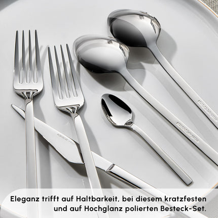 Karaca Boreas 84-Piece Kitchen Silverware Sets, Stainless Steel Cutlery Set for 12 People, Durable, Elegant, Dishwasher Safe, Includes Table &amp; Dessert Spoons, Forks &amp; Knives