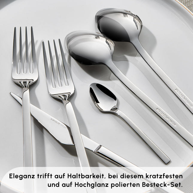 Karaca Boreas 84-Piece Kitchen Silverware Sets, Stainless Steel Cutlery Set for 12 People, Durable, Elegant, Dishwasher Safe, Includes Table &amp; Dessert Spoons, Forks &amp; Knives