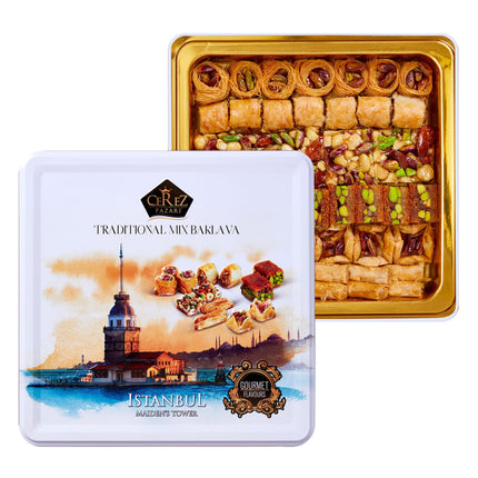 Cerez Pazari Baklava Pastry Gift Set - Turkish Baklava Pastry With Nuts &amp; Spices - Baklava Gift Box From Turkey - Pastry, Halal Snacks - Assorted 45-48 Pieces Per Metal Dessert Box - 1.32 lbs