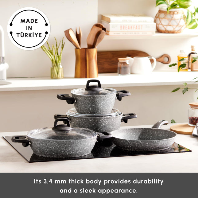 Karaca Gris BioGranite 7 Piece Granite Cookware Pot and Pan Set, Non-Stick Coating, Dishwasher-Safe & Induction Pot Set, Granite Pots and Pans, 3 Pots with 3 Glass Lids and 1 Frying Pan