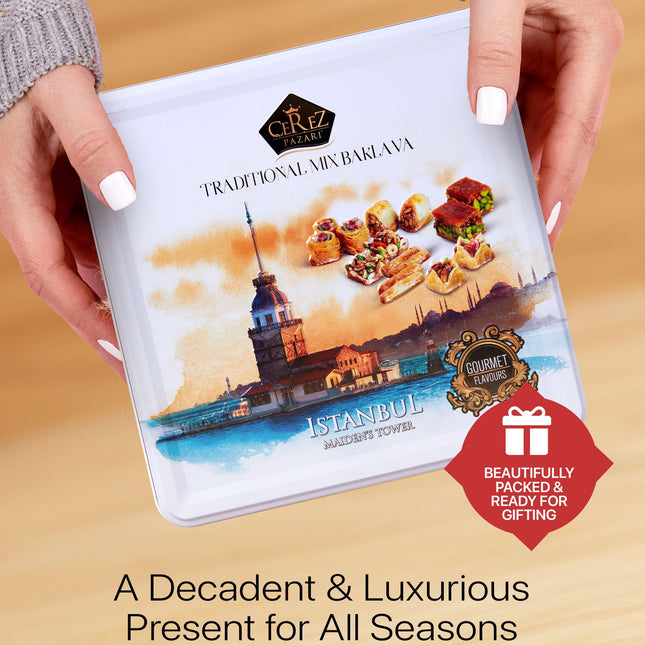 Cerez Pazari Baklava Pastry Gift Set - Turkish Baklava Pastry With Nuts & Spices - Baklava Gift Box From Turkey - Pastry, Halal Snacks - Assorted 45-48 Pieces Per Metal Dessert Box - 1.32 lbs