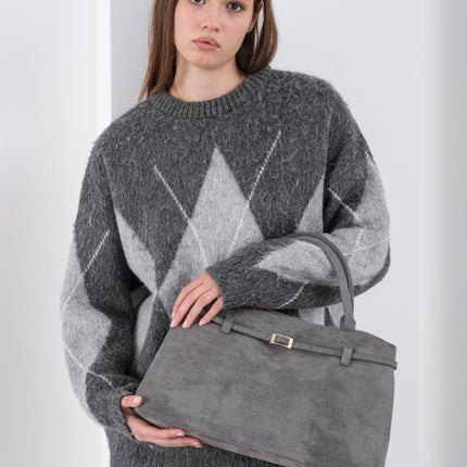 Base'ic Gray Suede Tote Bag - Vegan Gray Suede Purses for Women with Gold Hardware, Adjustable Belt, Magnetic Closure - Elegant Shoulder Bag Hobo Bag - Stylish Suede Purse - Work Bag, City Bag