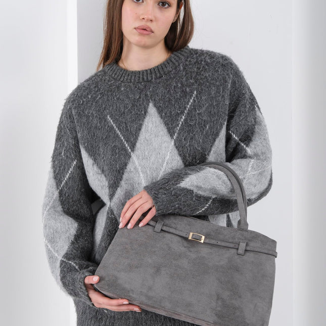 Base'ic Gray Suede Tote Bag - Vegan Gray Suede Purses for Women with Gold Hardware, Adjustable Belt, Magnetic Closure - Elegant Shoulder Bag Hobo Bag - Stylish Suede Purse - Work Bag, City Bag