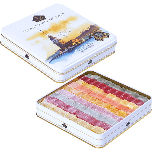 Cerez Pazari Turkish Delight Candy Gift Basket, Lokum Dessert Gourmet, Christmas Holiday Corporate Food Gifts In Elegant Tin Box, With 6 Unique Flavors, 1.6 lbs