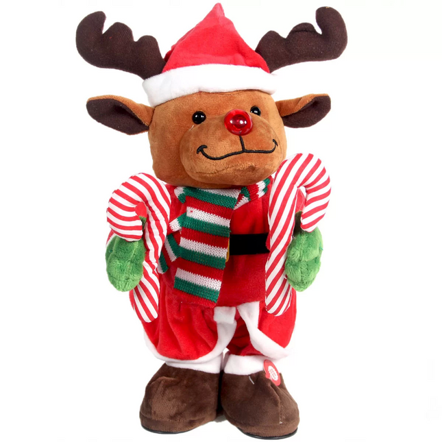 Christmas Dancing Battery-Operated Plush Reindeer with Cane