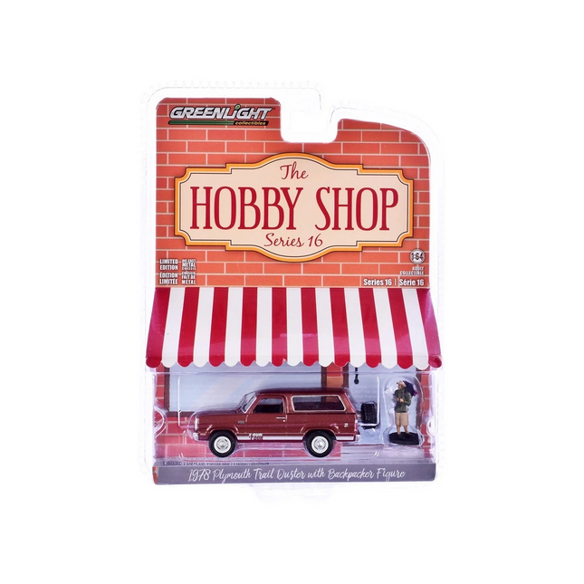 Greenlight 1/64 The Hobby Shop Series 16- 1978 Plymouth Trail Duster with Backpacker Figure