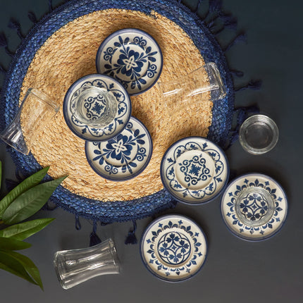 Karaca Zeher Blue Tea Service Set for 6 Person, Tea Glasses Set, 12 Pieces, Turkish Tea, Tea Glasses with Stoneware Saucers