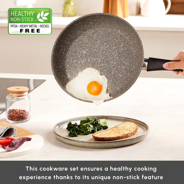 Karaca Gris BioGranite 7 Piece Granite Cookware Pot and Pan Set, Non-Stick Coating, Dishwasher-Safe &amp; Induction Pot Set, Granite Pots and Pans, 3 Pots with 3 Glass Lids and 1 Frying Pan