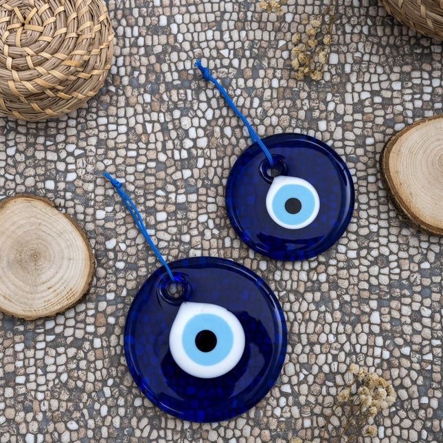 Erbulus Turkish Glass Blue Evil Eye Wall Hanging Ornament - Turkish Nazar Beads - Evil Eye Home Protection Charm Set of 2 - Wall Decor Amulet in a Box