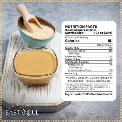 Eastanbul Tahini, 1.1lb, Tahini for Dubai Chocolate, Tahin Paste for Hummus, Tahina Sauce, Tahin Cream, Perfect in Dressing, Halvah, Hummus, Dubai Chocolate Pistachio, Vegan