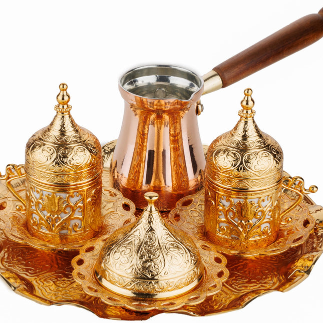 DEMMEX Turkish Greek Arabic Coffee Making and Serving Full Set with Cups Saucers Lids Sugar Bowl Tray and Copper Coffee Pot, 12 Pcs (Gold)