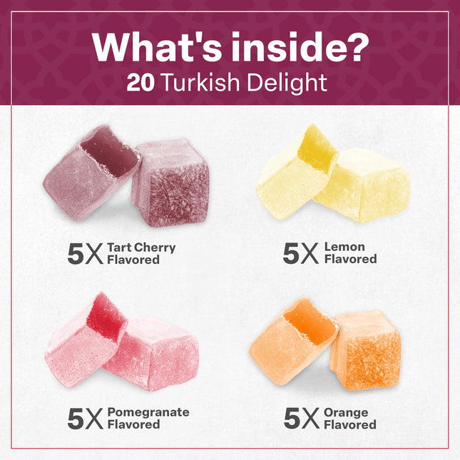 Eastanbul Turkish Delight Candy 10.5oz, 4 Flavors Pomegranate, Orange, Tart Cherry, & Lemon Turkish Delights Assorted, Foreign Candy of Turkish Turkish Delight, Turkish Delight Plain, International Candy Box, Mother's Day Gift