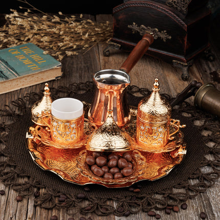 DEMMEX Turkish Greek Arabic Coffee Making and Serving Full Set with Cups Saucers Lids Sugar Bowl Tray and Copper Coffee Pot, 12 Pcs (Gold)