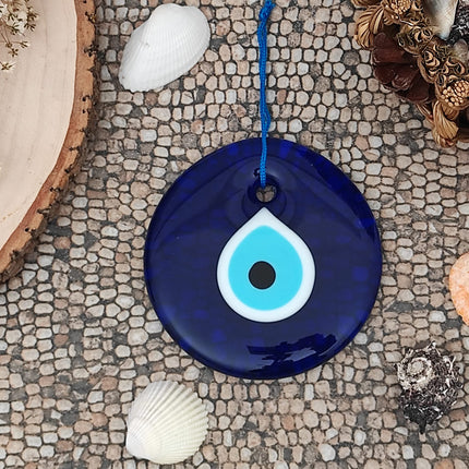 Erbulus 4.3" Glass Blue Evil Eye Wall Hanging Ornament - Turkish Handmade Nazar Amulet - Home Protection Charm - Wall Decor in a Box
