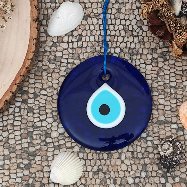 Erbulus 4.3" Glass Blue Evil Eye Wall Hanging Ornament - Turkish Handmade Nazar Amulet - Home Protection Charm - Wall Decor in a Box