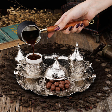 DEMMEX Turkish Greek Arabic Coffee Making and Serving Full Set with Cups, Saucers, Lids, Sugar Bowl, Tray and Antiqued Copper Coffee Pot, 12 Pcs (Silver)