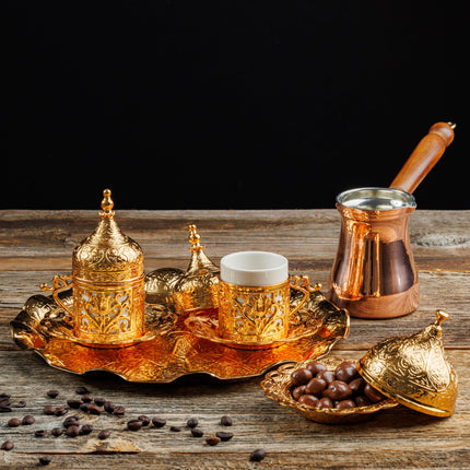 DEMMEX Turkish Greek Arabic Coffee Making and Serving Full Set with Cups Saucers Lids Sugar Bowl Tray and Copper Coffee Pot, 12 Pcs (Gold)