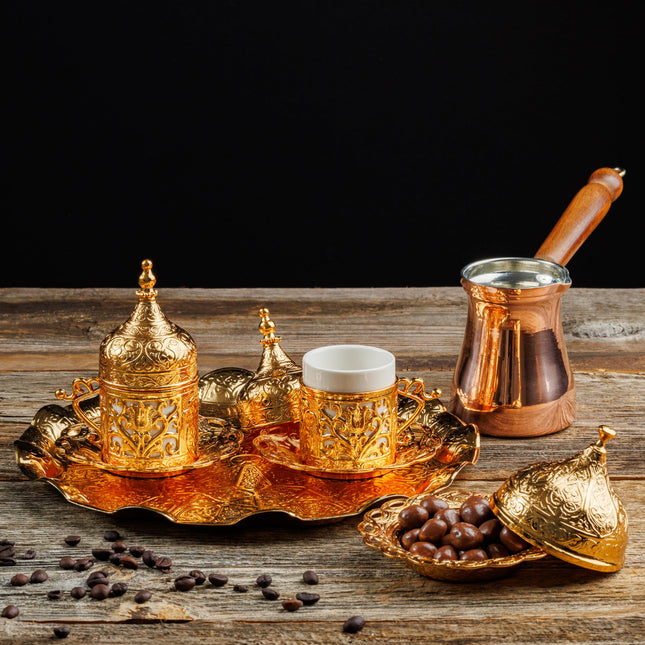 DEMMEX Turkish Greek Arabic Coffee Making and Serving Full Set with Cups Saucers Lids Sugar Bowl Tray and Copper Coffee Pot, 12 Pcs (Gold)