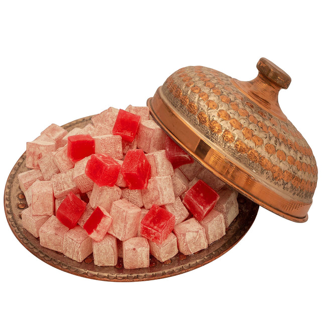 Turkish Delight Pomegranate Flavor, Gourmet Medium Size Snacks Gift Box, Sweet Luxury Traditional Confectionery, Vegan Soft Candy Dessert Loukoumi, Nuts & Glucose-Free Turkish Delight, Approx. 42Pcs, 16oz.