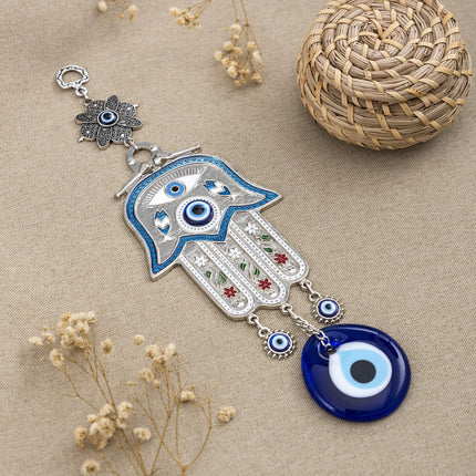 Erbulus Turkish Blue Hamsa Hand of Mother Fatima Evil Eye Wall Hanging Ornament - Turkish Nazar Bead Amulet – Good Luck Charm Gift -Metal Home Protection Decor in a Box (Blue)
