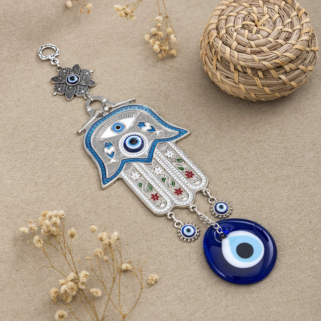 Erbulus Turkish Blue Hamsa Hand of Mother Fatima Evil Eye Wall Hanging Ornament - Turkish Nazar Bead Amulet – Good Luck Charm Gift -Metal Home Protection Decor in a Box (Blue)