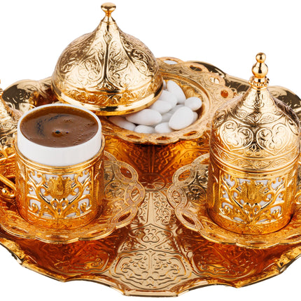 DEMMEX Turkish Greek Arabic Coffee Making and Serving Full Set with Cups Saucers Lids Sugar Bowl Tray and Copper Coffee Pot, 12 Pcs (Gold)