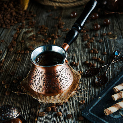 DEMMEX Thickest Engraved Solid Copper Turkish Coffee Pot – Stovetop Greek, Arabic Coffee Maker, Cezve, Ibrik, Briki – Wooden Handle &amp; Spoon - Handmade in Turkey (Matte Copper, 9 fl Oz (3ppl))