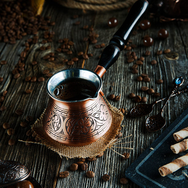 DEMMEX Thickest Engraved Solid Copper Turkish Coffee Pot – Stovetop Greek, Arabic Coffee Maker, Cezve, Ibrik, Briki – Wooden Handle &amp; Spoon - Handmade in Turkey (Matte Copper, 9 fl Oz (3ppl))