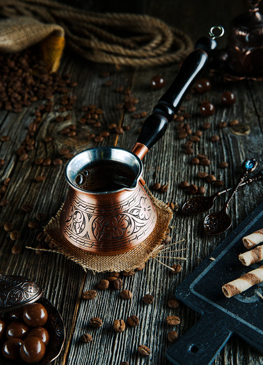 DEMMEX Thickest Engraved Solid Copper Turkish Coffee Pot – Stovetop Greek, Arabic Coffee Maker, Cezve, Ibrik, Briki – Wooden Handle & Spoon - Handmade in Turkey (Matte Copper, 9 fl Oz (3ppl))