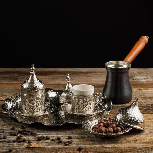DEMMEX Turkish Greek Arabic Coffee Making and Serving Full Set with Cups, Saucers, Lids, Sugar Bowl, Tray and Antiqued Copper Coffee Pot, 12 Pcs (Silver)