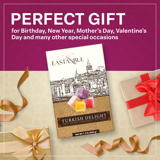 Eastanbul Turkish Delight Candy 21.2oz, 4 Flavors Pomegranate, Orange, Tart Cherry, & Lemon Turkish Delights Assorted, Foreign Candy of Turkish Turkish Delight, Turkish Delight Plain, International Candy Box, Valentine's Day Gift