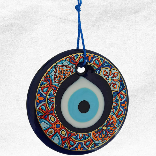 Erbulus 4.3" Glass Blue Evil Eye Wall Hanging Colorful Patterned Ornament - Evil Eye Decor - Turkish Handmade Nazar Amulet - Home Protection Charm - Evil Eye Wall Decor in a Box